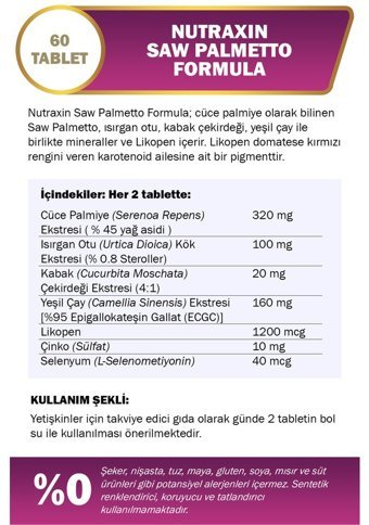 Nutraxin Saw Palmetto Formula Yetişkin Mineral 60 Adet