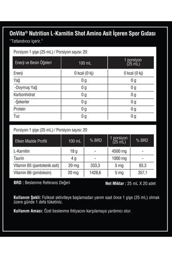 Onvita Çilekli-Mango Aromalı L-Karnitin 20 Shot
