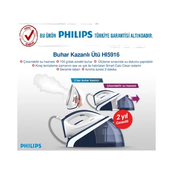 Philips HI5916/20 2400 W 5 Bar Seramik Tabanlı Şok Buharlı Kazanlı Ütü Mavi