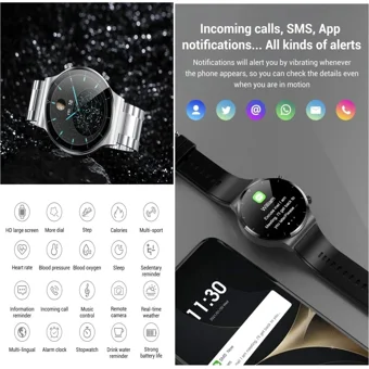 Arion C12 Android Uyumlu Su Geçirmez 46 mm Çelik Kordon Yuvarlak Erkek Akıllı Saat Siyah