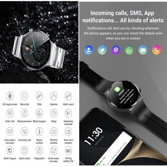 Arion C12 Android Uyumlu Android Su Geçirmez 46 mm Çelik Kordon Yuvarlak Erkek Akıllı Saat Gümüş