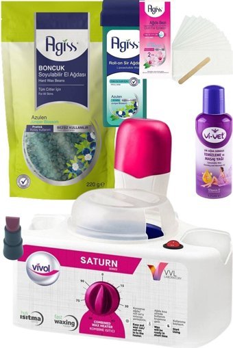 Vivol 1+1 Satürn 2+1 Kazanlı Ağda Makinesi + Vivet Azulen Granül Ağda + Ağda Bezi + Spatula + Ağda Yağı