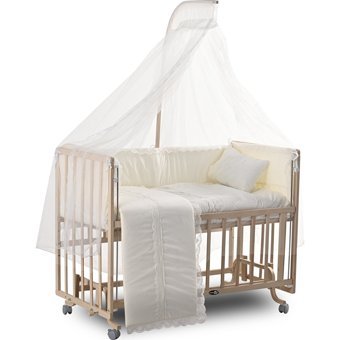 Comfymax Ahşap 20 kg Kapasiteli Dikdörtgen Tekerlekli Yataklı Sallanan Anne Yanı Beşik Krem + Uyku Seti