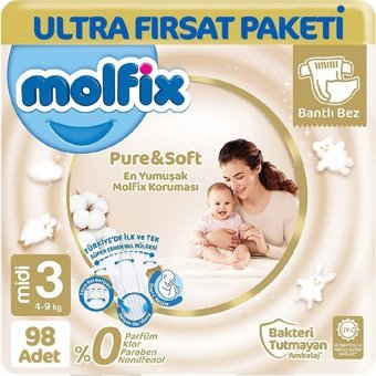 Molfix Pure & Soft 3 Numara Organik Cırtlı Bebek Bezi 98 Adet