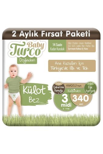 Baby Turco Doğadan 3 Numara Organik Külot Bebek Bezi 340 Adet