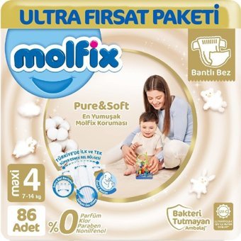 Molfix Pure & Soft 4 Numara Organik Cırtlı Bebek Bezi 86 Adet