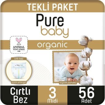 Pure Baby Organic 3 Numara Organik Cırtlı Bebek Bezi 56 Adet