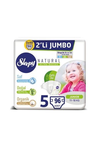 Sleepy Natural Ultra Hassas 5 Numara Organik Cırtlı Bebek Bezi 96 Adet