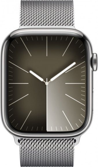 Apple Watch Series 9 Cellular Apple Uyumlu WatchOS Su Geçirmez 45 mm Metal Örgü Kordon Kare Unisex Sim Kartlı Akıllı Saat Gümüş