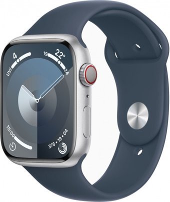 Apple Watch Series 9 Cellular Apple Uyumlu WatchOS Su Geçirmez 45 mm Fluoro Elastomer Kauçuk Kordon Kare Unisex Sim Kartlı Akıllı Saat Mavi