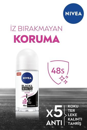 Nivea Black&White Invisible Clear Pudrasız Ter Önleyici Antiperspirant Roll-On Kadın Deodorant 150 ml