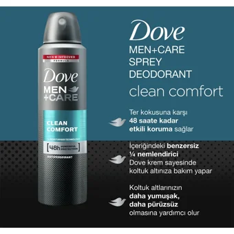 Dove Men +Care Clean Confort Pudrasız Ter Önleyici Antiperspirant Sprey Erkek Deodorant 3x150 ml