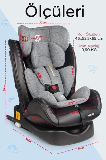 Kinder Baby Safe Fix Isofixli 360 Derece Dönen 0-36 kg Adac Sertifikalı Yatabilen Yükseklik Ayarlı Çift Yönlü Oto Koltuğu Gri