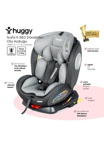 Huggy Armor Rotate Isofixli-Emniyet Kemerli 360 Derece Dönen 0-36 kg Yatabilen Yükseklik Ayarlı Çift Yönlü Oto Koltuğu Gri