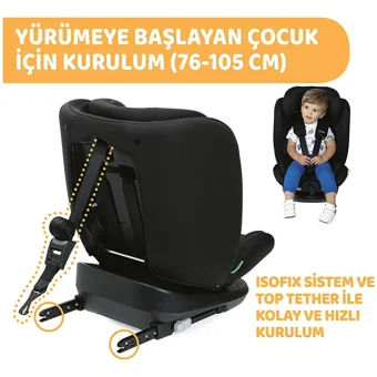 Chicco Mokita Isofixli-Emniyet Kemerli 9-36 kg Yatabilen Sürüş Yönü Oto Koltuğu Siyah