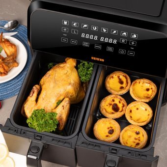 Uniwho D8 Airfryer 8 lt İki Hazneli Izgara Yapan Led Ekranlı Yağsız Sıcak Hava Fritözü Siyah