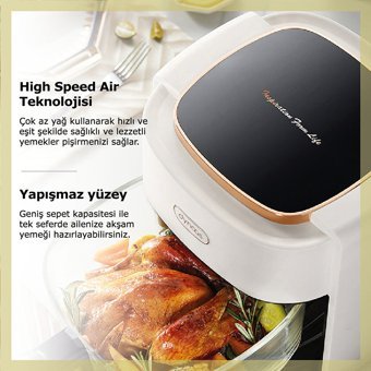 Dynoas Elite Airfryer 5.5 lt Tek Hazneli Led Ekranlı Yağsız Sıcak Hava Fritözü Beyaz