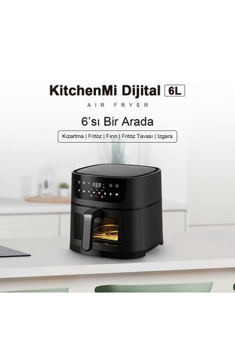 Kitchenmi Airfryer 6 lt Tek Hazneli Izgara Yapan Led Ekranlı Yağsız Sıcak Hava Fritözü Siyah