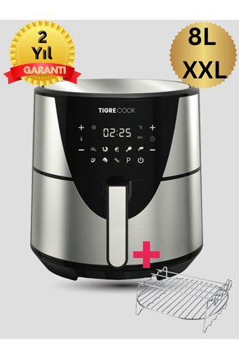 Tigre Cook FS075A Airfryer 8 lt Tek Hazneli Izgara Yapan Led Ekranlı Yağsız Sıcak Hava Fritözü İnox