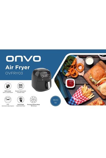 Onvo Ovfry03 Airfryer 9 lt Tek Hazneli Led Ekranlı Yağsız Sıcak Hava Fritözü Siyah
