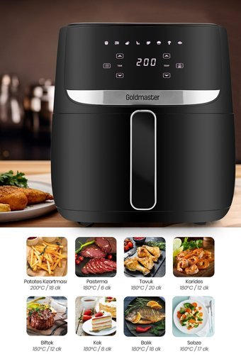 Goldmaster Stilo Airfryer 5.7 lt Tek Hazneli Led Ekranlı Yağsız Sıcak Hava Fritözü Siyah