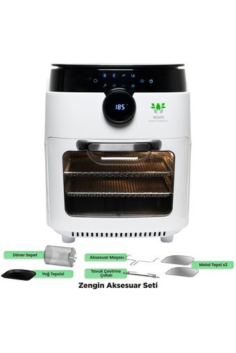 Wiami Oven Airfryer 12 lt Tek Hazneli Izgara Yapan Led Ekranlı Yağsız Sıcak Hava Fritözü Beyaz