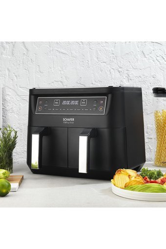 Schafer Fit Fry Dual Airfryer 8 lt İki Hazneli Led Ekranlı Yağsız Sıcak Hava Fritözü Siyah