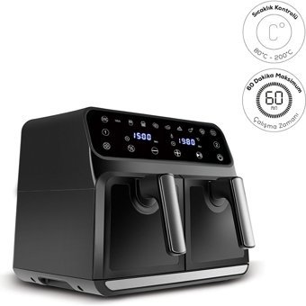 Karaca XXXL Airfryer 8 lt İki Hazneli Led Ekranlı Yağsız Sıcak Hava Fritözü Siyah