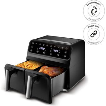 Karaca XXXL Airfryer 8 lt İki Hazneli Led Ekranlı Yağsız Sıcak Hava Fritözü Siyah