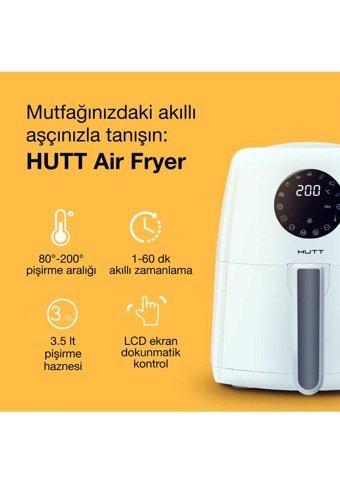 Hutt Airfryer 3.5 lt Tek Hazneli Izgara Yapan Led Ekranlı Yağsız Sıcak Hava Fritözü Beyaz