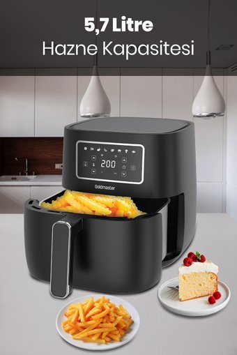 Goldmaster Preto Airfryer 5.7 lt Tek Hazneli Led Ekranlı Yağsız Sıcak Hava Fritözü Siyah