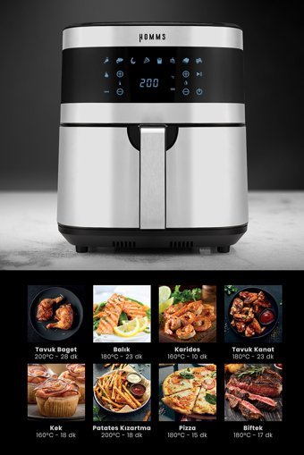 Homms H30 Airfryer 7 lt Tek Hazneli Led Ekranlı Yağsız Sıcak Hava Fritözü İnox