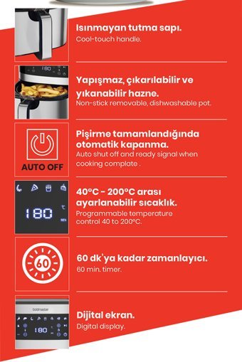 Goldmaster Eva E500 Airfryer 5.5 lt Tek Hazneli Led Ekranlı Yağsız Sıcak Hava Fritözü Gri