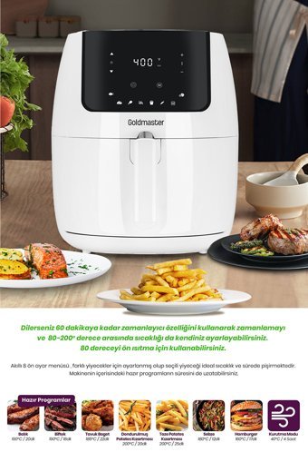 Goldmaster Romelio Airfryer 7 lt Tek Hazneli Led Ekranlı Yağsız Sıcak Hava Fritözü Beyaz