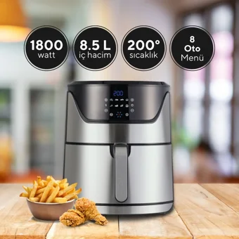 Kumtel HAF-08 Airfryer 8.5 lt Tek Hazneli Led Ekranlı Yağsız Sıcak Hava Fritözü İnox