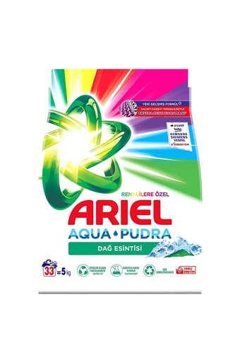 Ariel Aqua Pudra Dağ Esintisi Renkliler İçin 33 Yıkama Toz Deterjan 5 kg