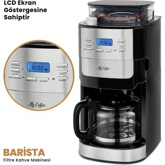 My Coffee Barista MC-104 Zaman Ayarlı Paslanmaz Çelik Filtreli Karaf 1 L Hazne Kapasiteli 12 Fincan 1050 W Siyah Filtre Kahve Makinesi