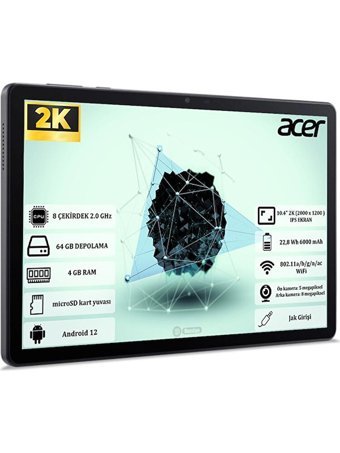 Acer Tab P10 64 GB Android 4 GB Ram 10.4 inç Tablet Siyah