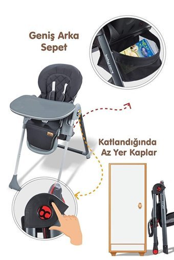 Baby Care BC-515 Multiflex Plastik Emniyet Kemeri 15 kg Kapasiteli Tekerlekli Tepsili Katlanır Portatif Mama Sandalyesi Gri