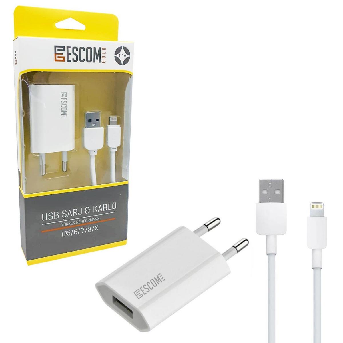 Escom ESC-407 iPhone Lightning Kablolu 1.1 Amper Hızlı Şarj Aleti Beyaz