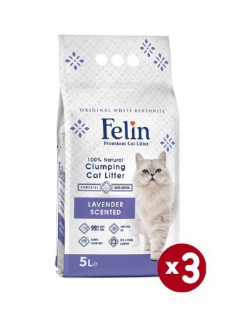 Felin Lavanta Kokulu Topaklanan İnce Taneli Bentonit Kedi Kumu 3 x 5 lt