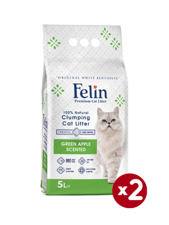 Felin Yeşil Elma Kokulu Topaklanan İnce Taneli Bentonit Kedi Kumu 2 x 5 lt