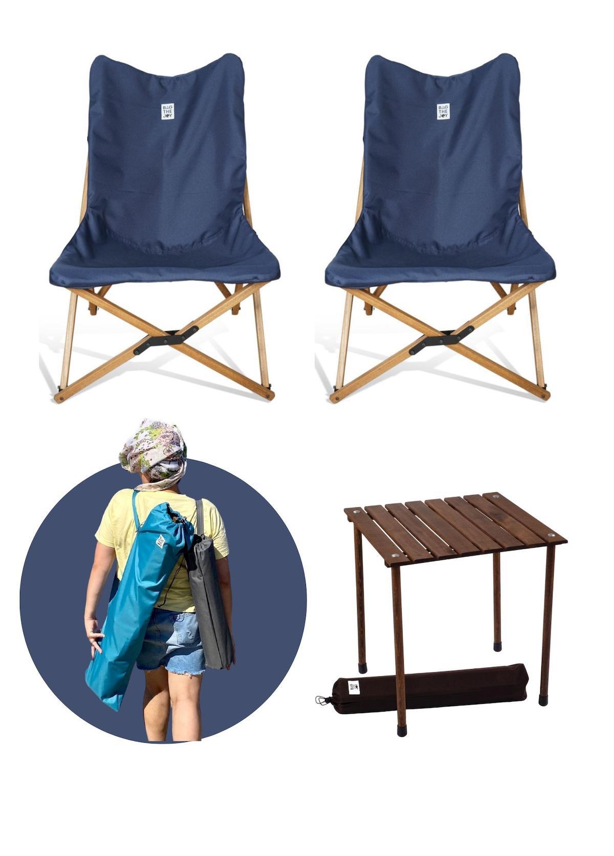 Bag The Joy 50 x 50 cm Tabureli Kare Ahşap Katlanır Kamp Masası Kahverengi + 2 Adet Sandalye Lacivert