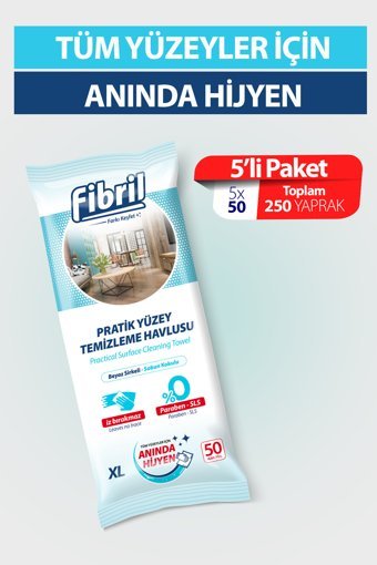 Fibril Beyaz Sirkeli Sabun Kokulu 50 Yaprak 5'li Paket Islak Temizlik Mendili