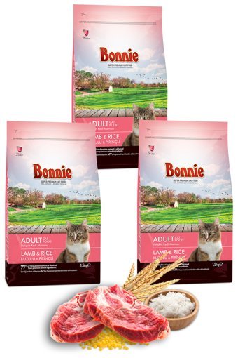 Bonnie Kuzu Etli Pirinçli Yetişkin Kuru Kedi Maması 3x1.5 kg