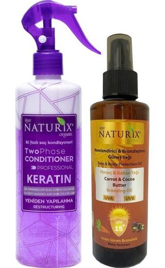 Naturix Havuç Yağı 15 Faktör Vücut İçin Bronzlaştırıcı Yağ 200 ml + Keratin Bakım Iki Fazlı Sıvı Saç Kremi 400 ml