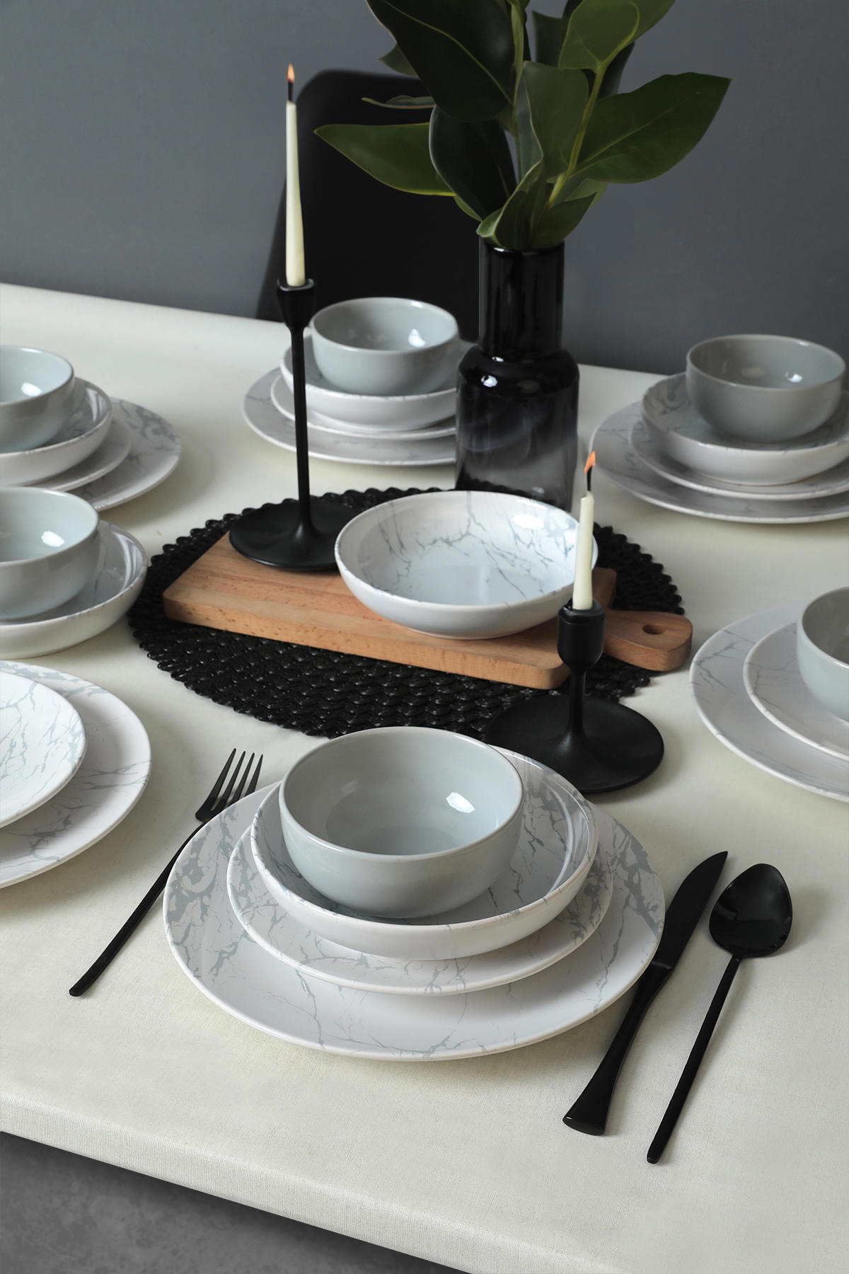 Keramika Mermer 24 Parça 6 Kişilik Stoneware Yuvarlak Yemek Takımı