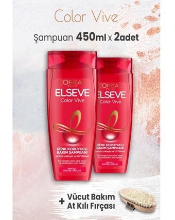 L'Oréal Paris Elseve Color Vive Boyalı Röfleli Saçlar İçin Renk Koruyucu Şampuan 2x450 ml + Vücut Bakım At Kılı Fırçası