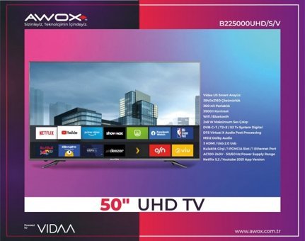 Awox B225000UHD/S/V 50 inç 4K Ultra HD 126 Ekran Flat Uydu Alıcılı Smart Led VIDAA Televizyon