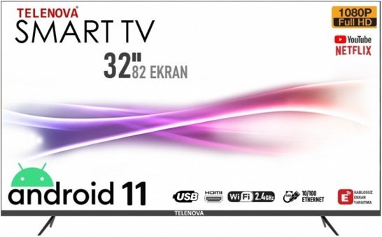 Telenova 32S1101 32 inç Hd Ready 80 Ekran Flat Uydu Alıcılı Smart Led Android Televizyon